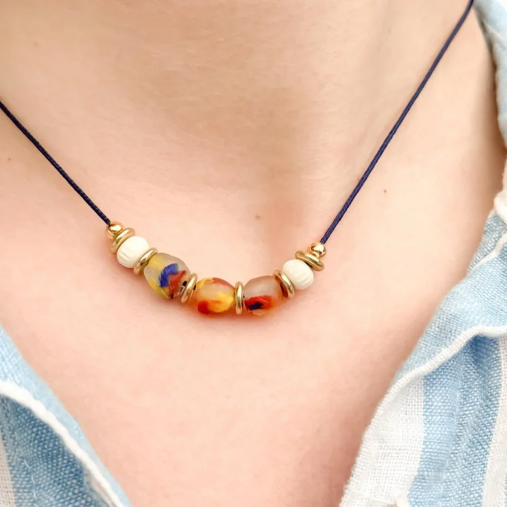 Recycled Glass Bead Necklace Ghana Satin Cord Colourful Minimalist Boho - Picture 1 of 9